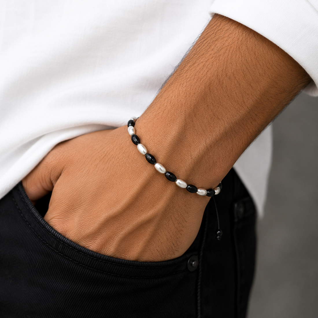 Black & White Beaded Bracelet for Men – 925 Sterling Silver Adjustable Cord Bracelet | Handmade Minimalist Jewelry
