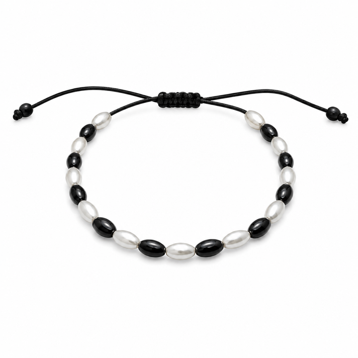 Black & White Beaded Bracelet for Men – 925 Sterling Silver Adjustable Cord Bracelet | Handmade Minimalist Jewelry