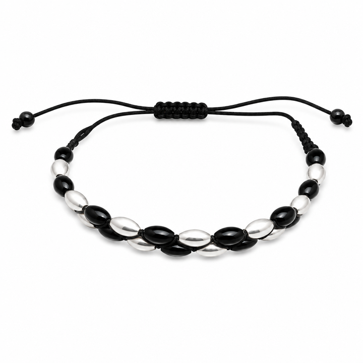 Black & Silver Woven Bracelet for Men – 925 Sterling Silver Adjustable Handmade Bracelet