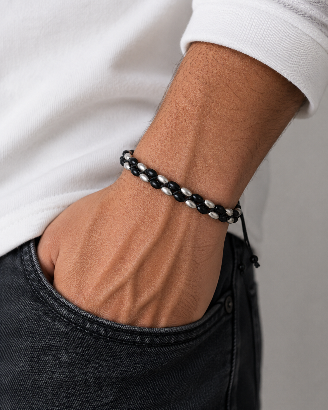 Black & Silver Woven Bracelet for Men – 925 Sterling Silver Adjustable Handmade Bracelet