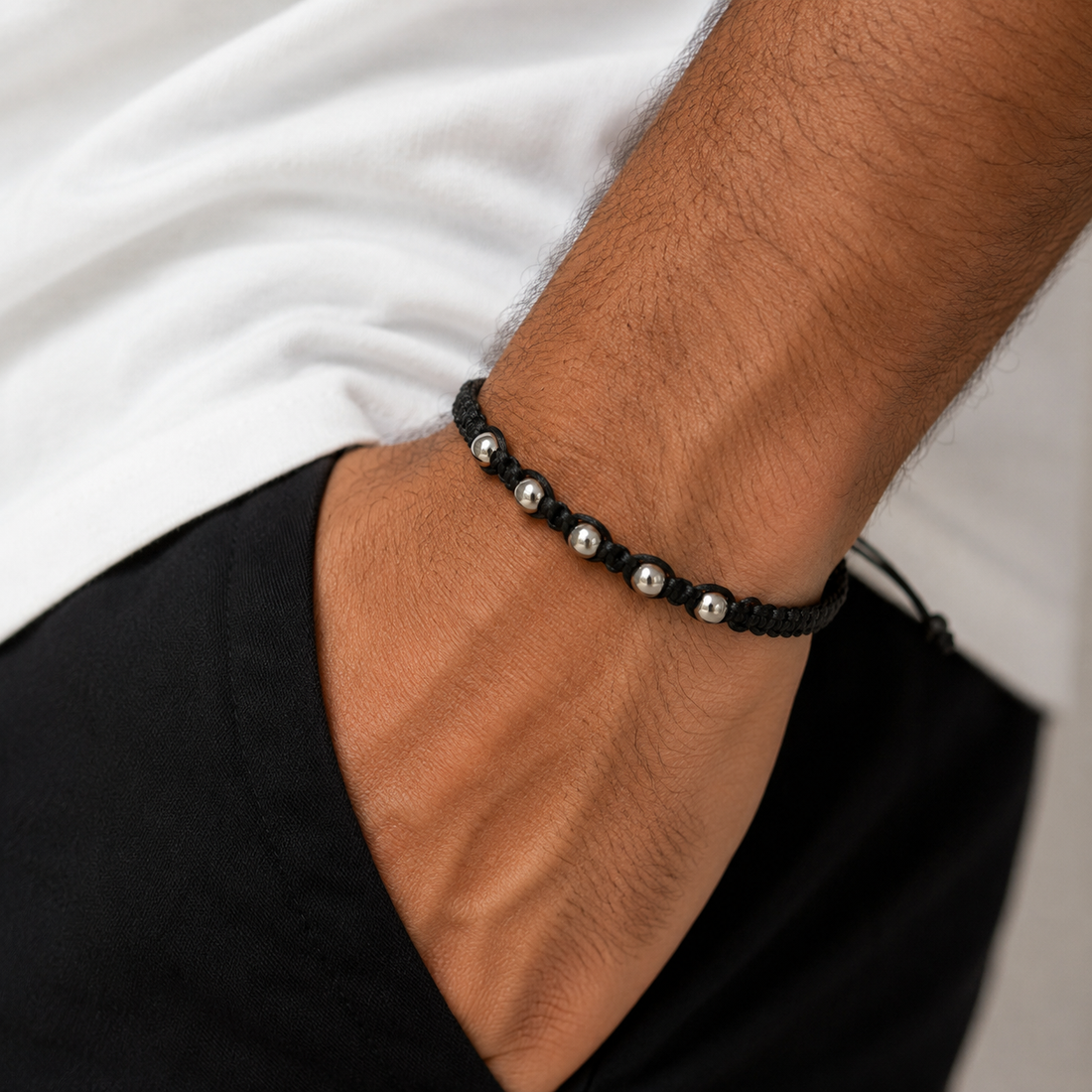 Men's Handcrafted Black Macrame Bracelet with 5 Sterling Silver Beads