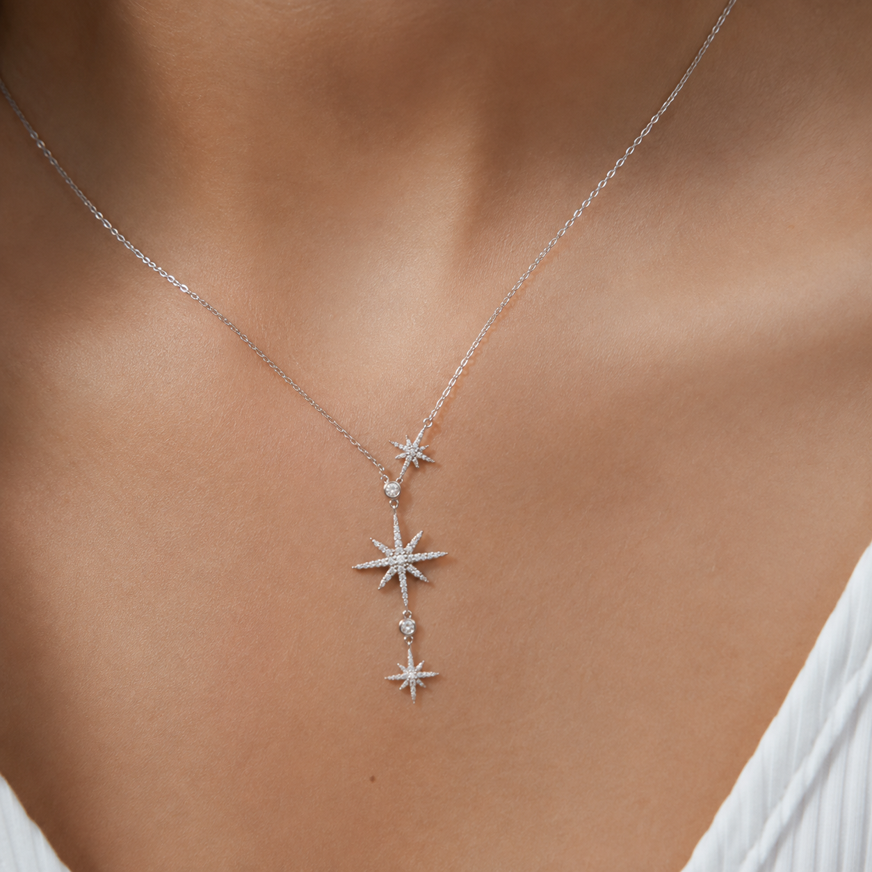 925 Sterling Silver Celestial Star Lariat Necklace – Dainty CZ Y Necklace for Women