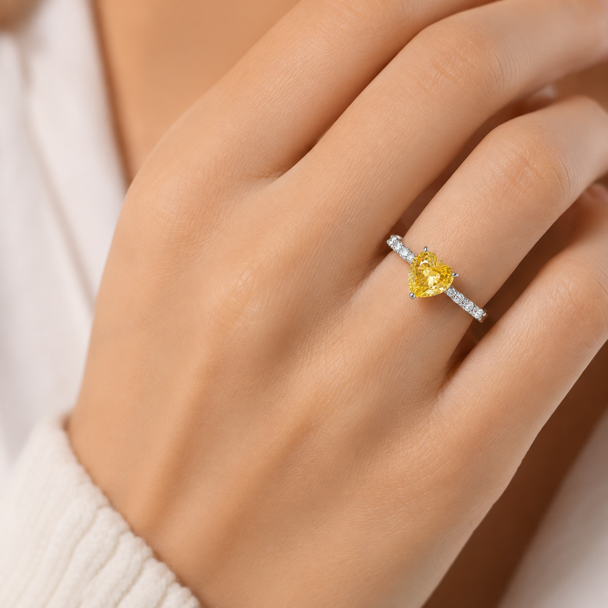 925 Sterling Silver Heart Cut Yellow Citrine Ring