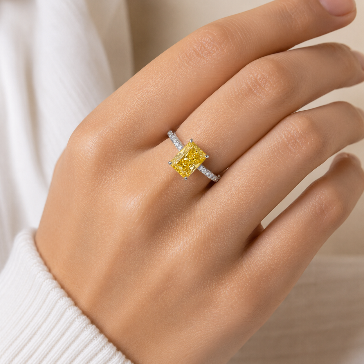 925 Sterling Silver Radiant Cut Yellow Citrine Ring