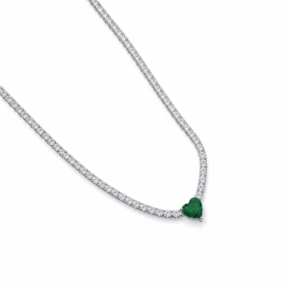 3mm Tennis Necklace with Emerald Heart Pendant | Sterling Silver | Elegant Sparkle