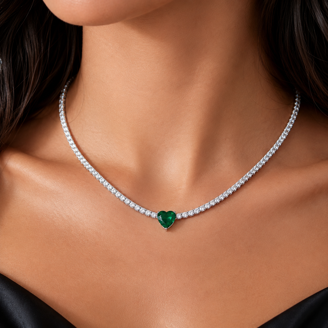 3mm Tennis Necklace with Emerald Heart Pendant | Sterling Silver | Elegant Sparkle