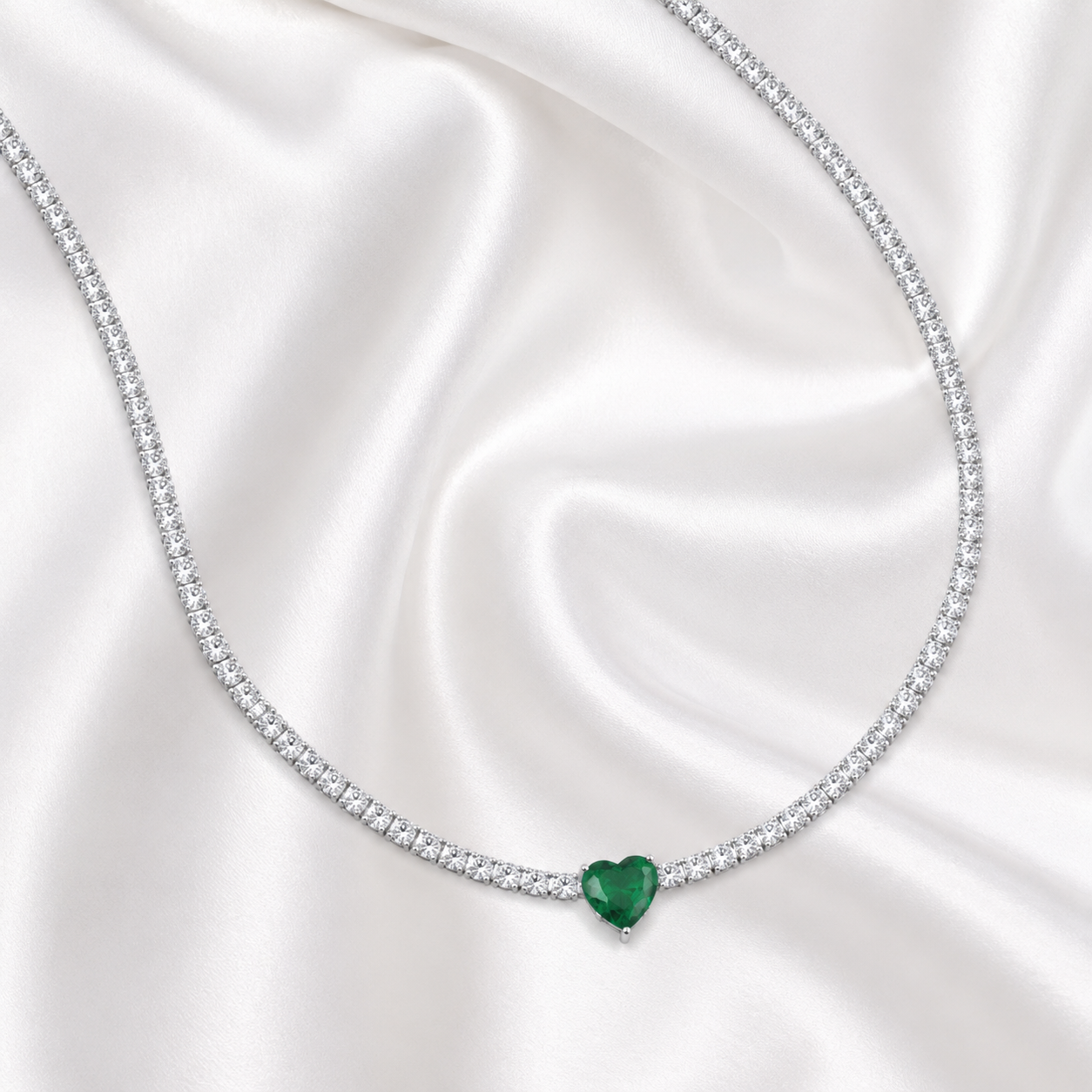 3mm Tennis Necklace with Emerald Heart Pendant | Sterling Silver | Elegant Sparkle