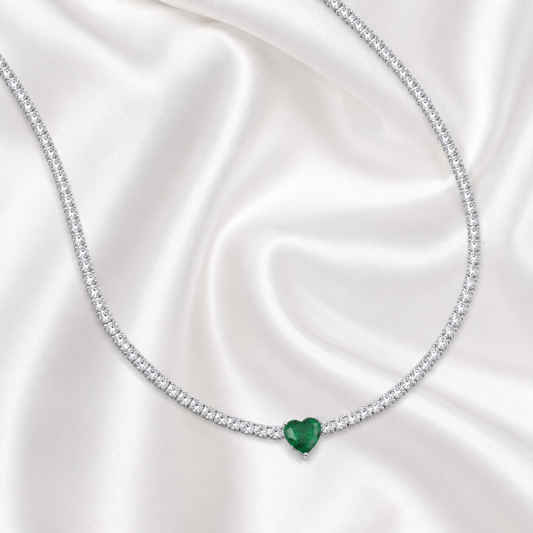 3mm Tennis Necklace with Emerald Heart Pendant | Sterling Silver | Elegant Sparkle