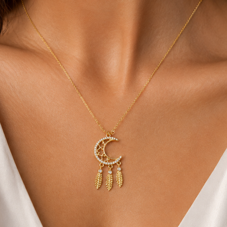 925 Sterling Silver Crescent Moon Dreamcatcher Necklace