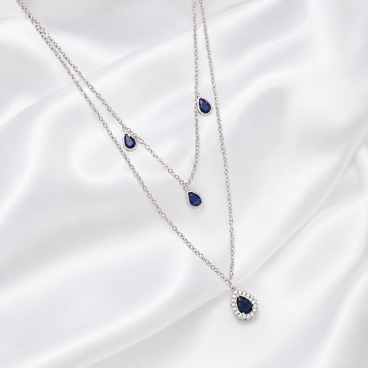 925 Sterling Silver Layered Sapphire Teardrop Necklace – Elegant Multi-Layer Pendant