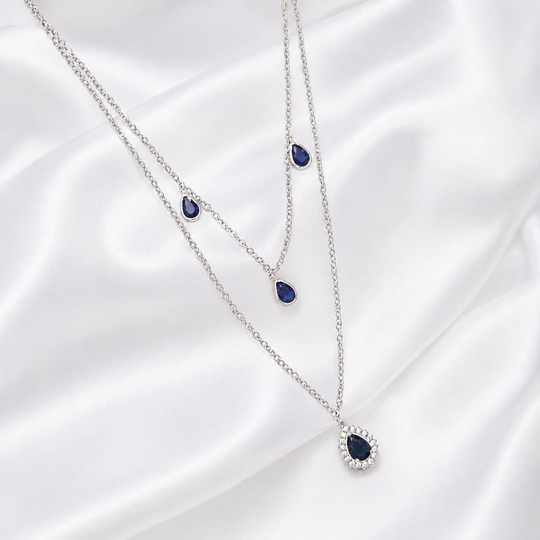 925 Sterling Silver Layered Sapphire Teardrop Necklace – Elegant Multi-Layer Pendant