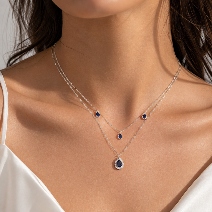 925 Sterling Silver Layered Sapphire Teardrop Necklace – Elegant Multi-Layer Pendant