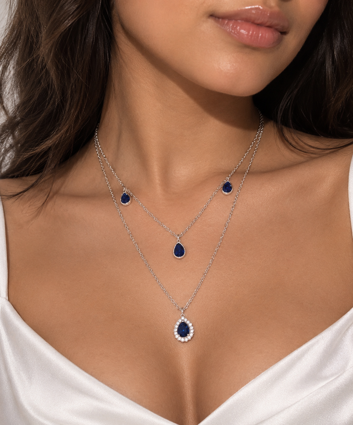925 Sterling Silver Layered Sapphire Teardrop Necklace – Elegant Multi-Layer Pendant