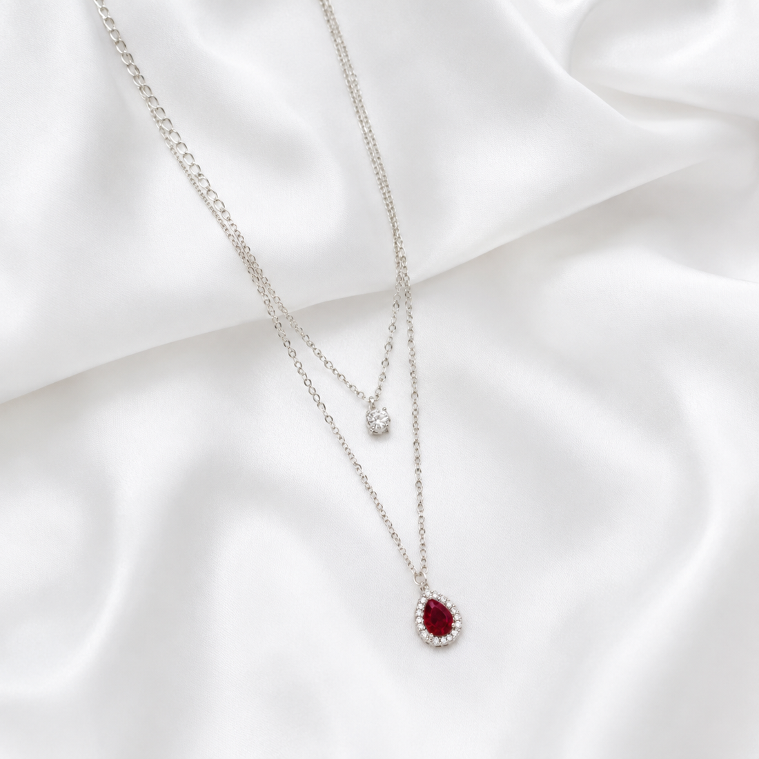 925 Sterling Silver Layered Pear Cut Red Crystal Necklace | Double Layer Pendant