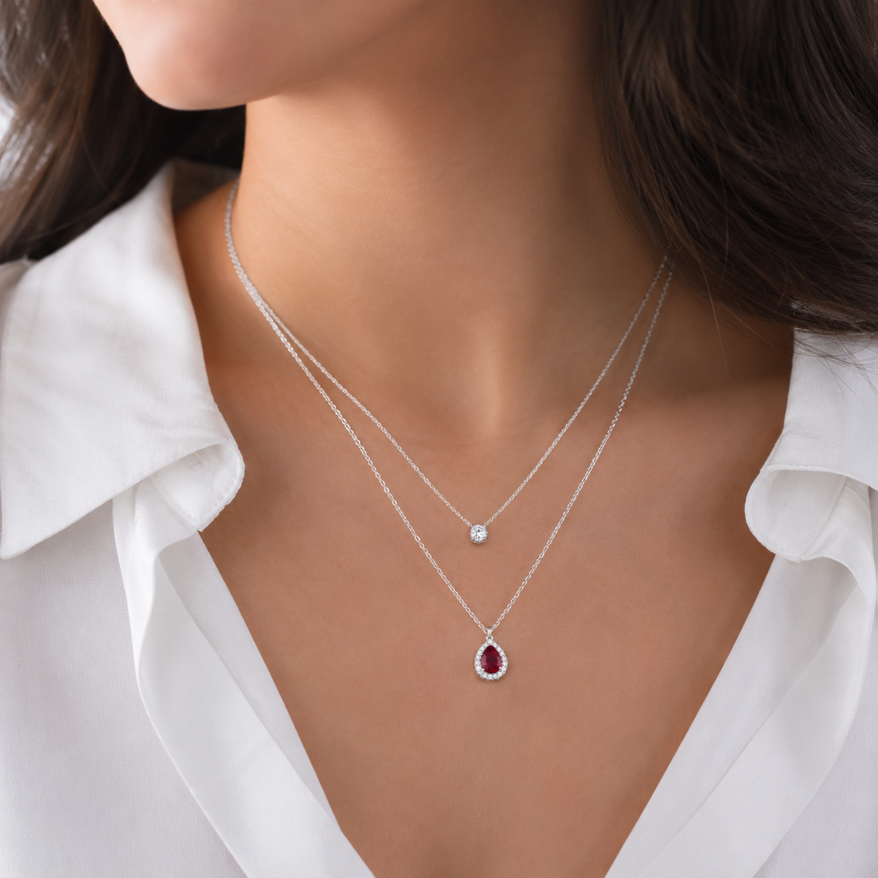 925 Sterling Silver Layered Pear Cut Red Crystal Necklace | Double Layer Pendant