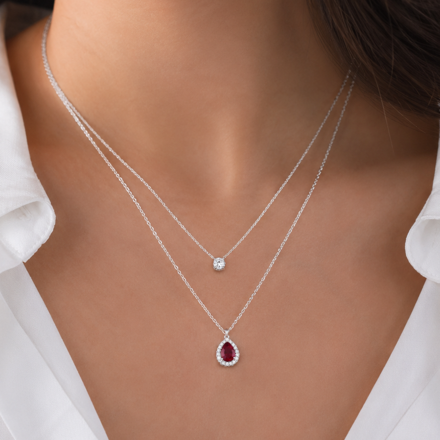 925 Sterling Silver Layered Pear Cut Red Crystal Necklace | Double Layer Pendant