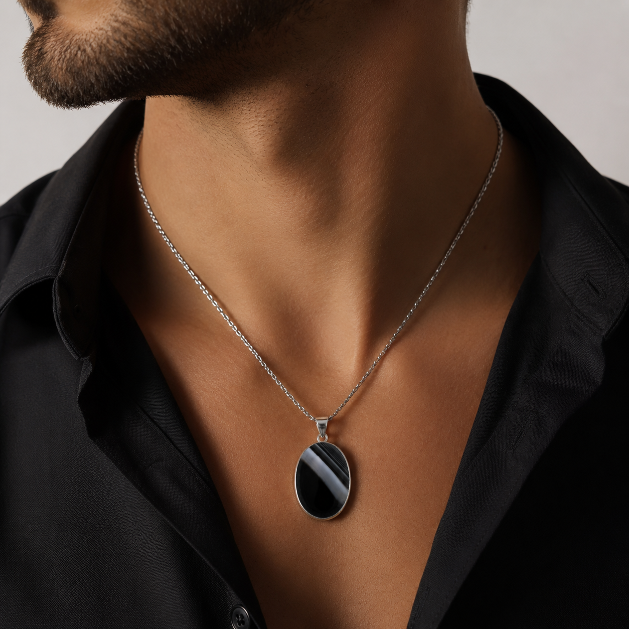 Natural Black Banded Agate Oval Pendant Necklace – Sterling Silver | Men’s Gemstone Pendant
