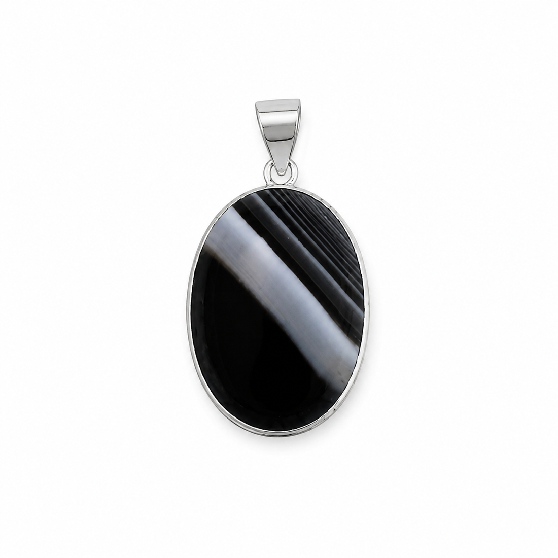 Natural Black Banded Agate Oval Pendant Necklace – Sterling Silver | Men’s Gemstone Pendant