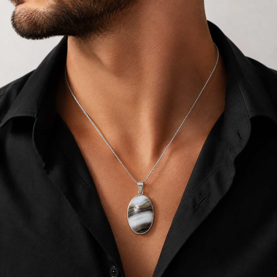 Natural White Banded Agate Oval Pendant Necklace – 925 Sterling Silver | Men’s Gemstone Pendant