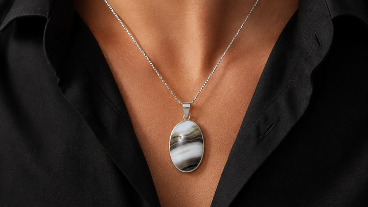 Natural White Banded Agate Oval Pendant Necklace – 925 Sterling Silver | Men’s Gemstone Pendant