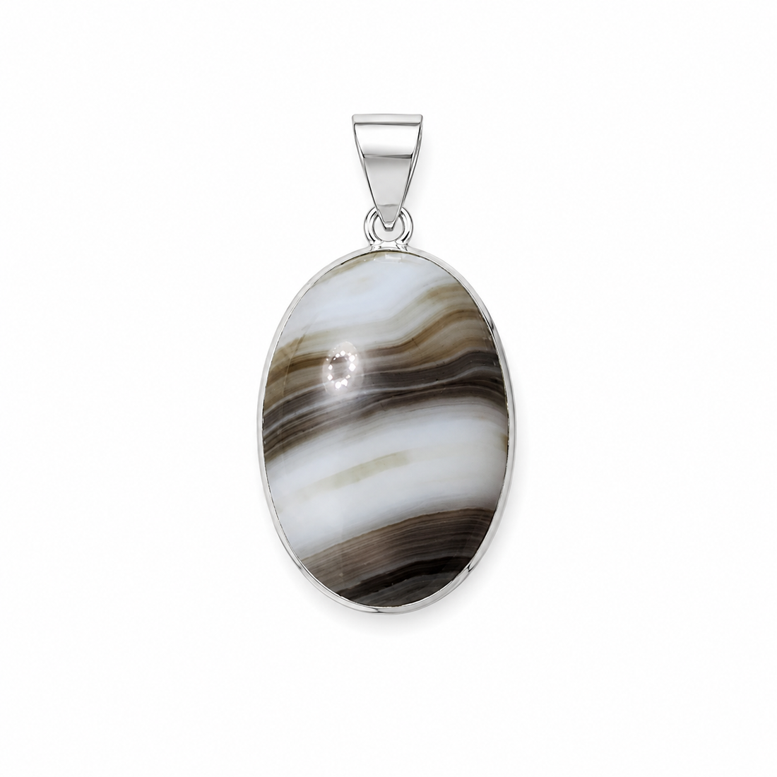 Natural White Banded Agate Oval Pendant Necklace – 925 Sterling Silver | Men’s Gemstone Pendant