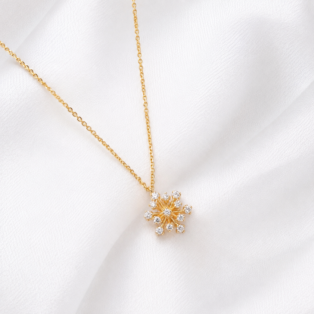 Gold Snowflake Pendant Necklace – Sparkling Floral Crystal Necklace
