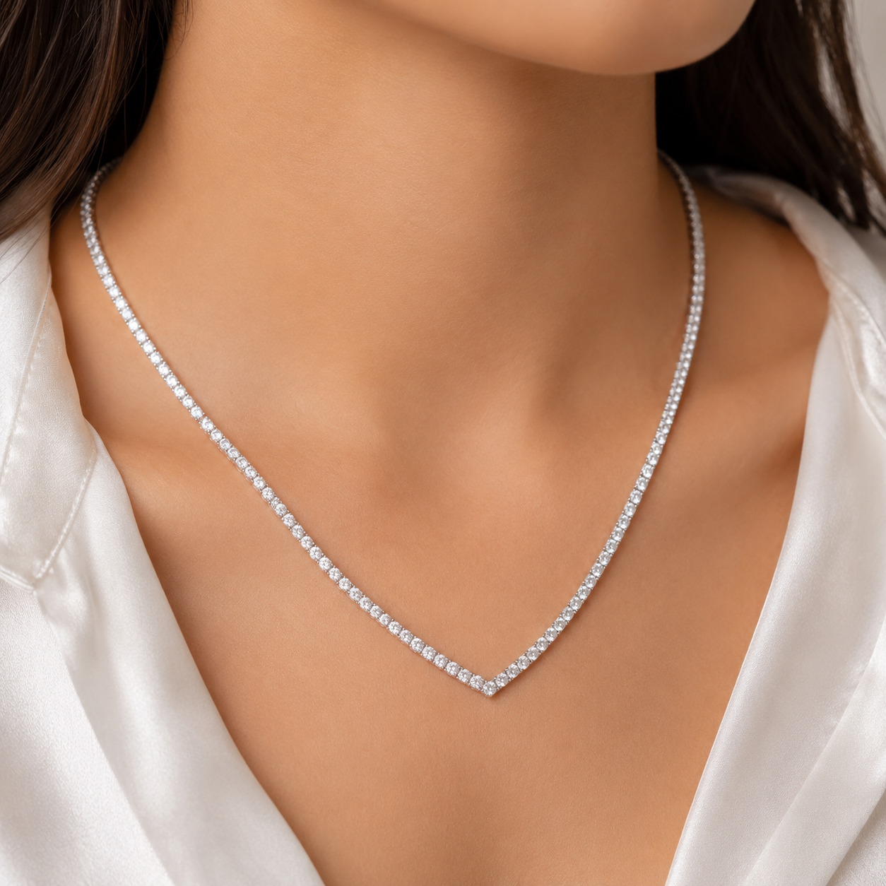 2mm V-Shaped Tennis Necklace – Sparkling CZ 925Silver Necklace, 42cm