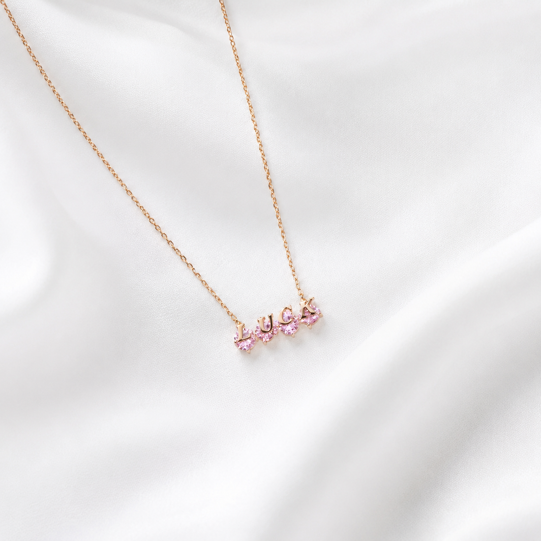Luck Pink Crystal Name Necklace – 925 Sterling Silver