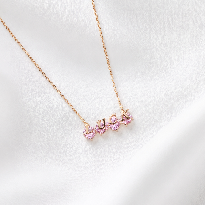 Luck Pink Crystal Name Necklace – 925 Sterling Silver
