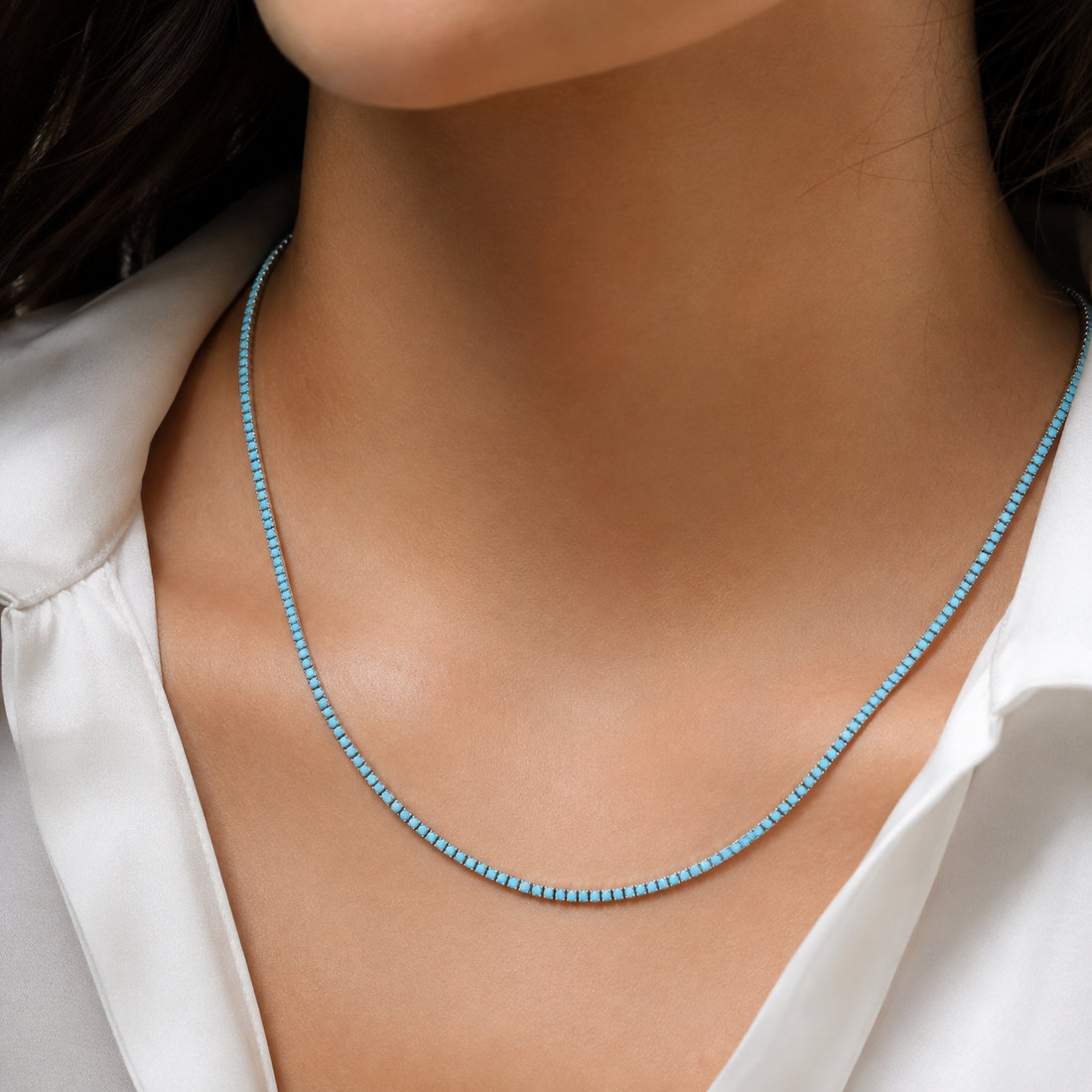 Aqua Blue Tennis Necklace – Sterling Silver 925, 2mm, 42cm