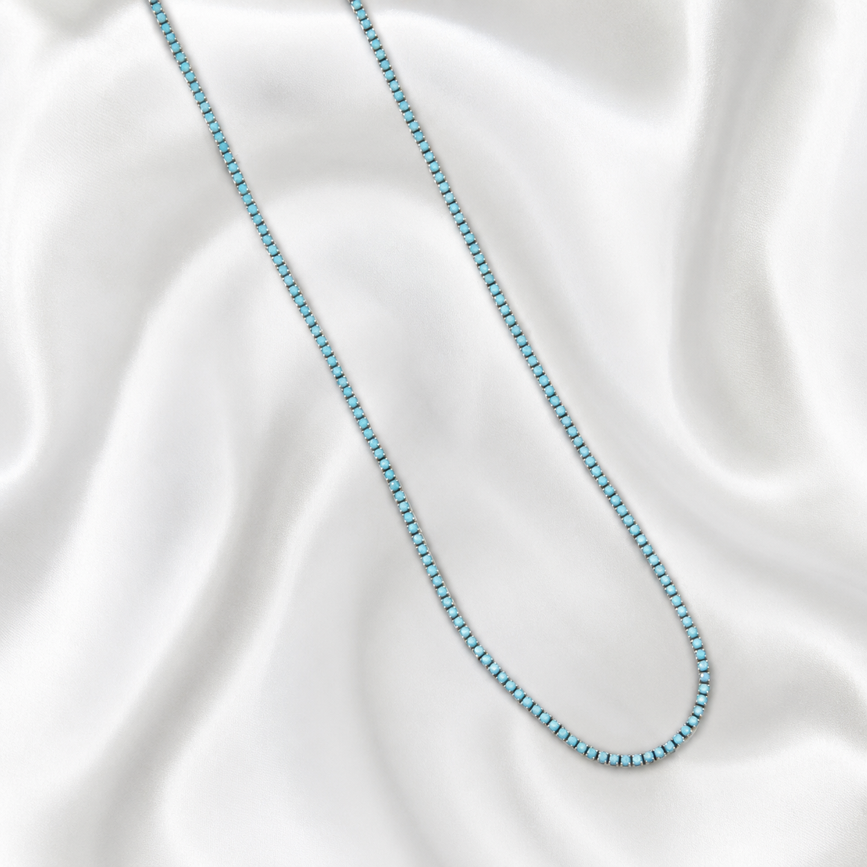 Aqua Blue Tennis Necklace – Sterling Silver 925, 2mm, 42cm