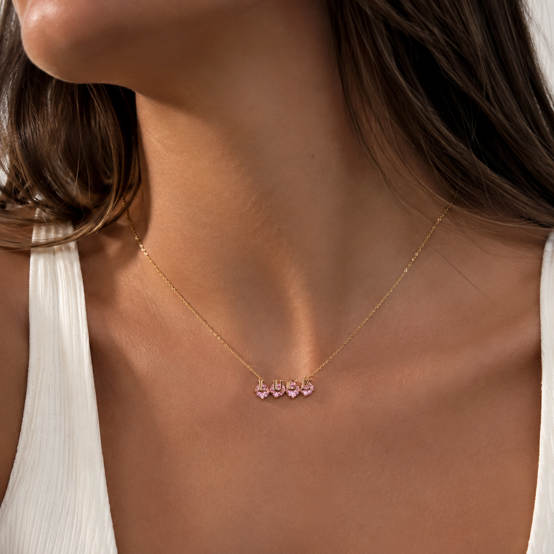 Luck Pink Crystal Name Necklace – 925 Sterling Silver
