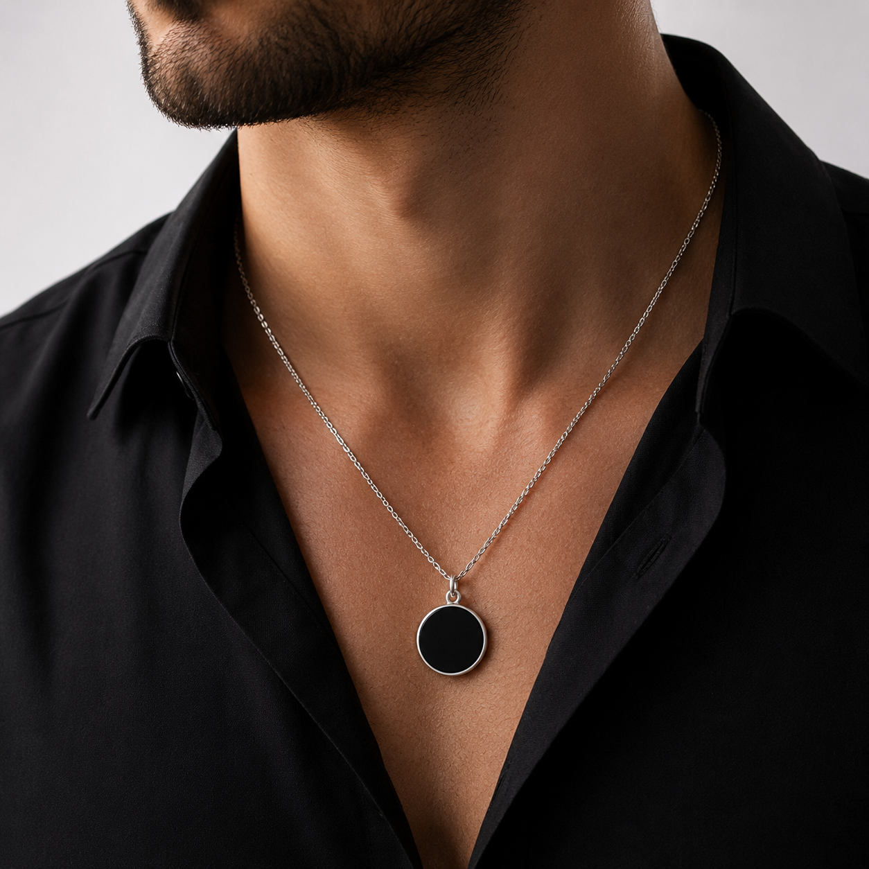 Black Onyx Round Pendant Necklace – Sterling Silver 925