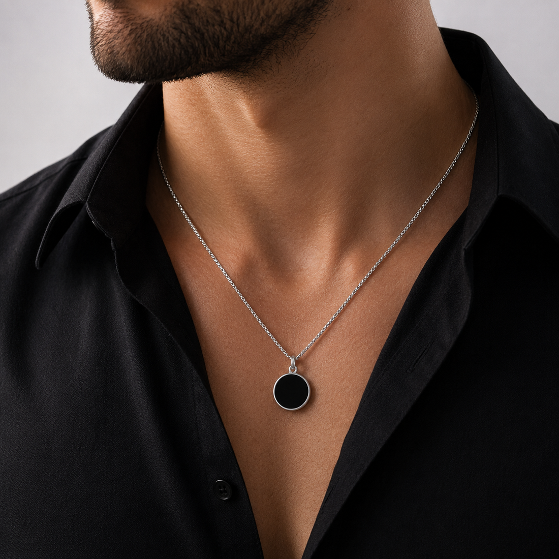 Black Onyx Round Pendant Necklace – Sterling Silver 925