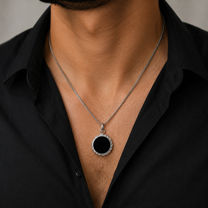 Black Onyx Round Pendant – Sterling Silver 925, 2cm