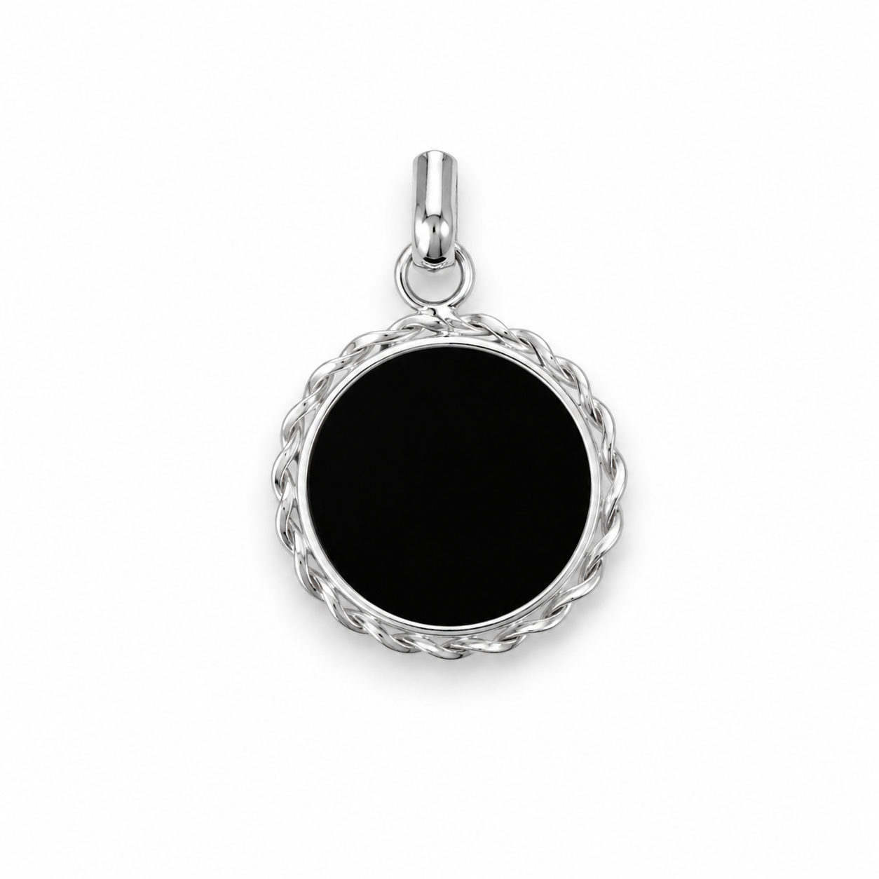Black Onyx Round Pendant – Sterling Silver 925, 2cm