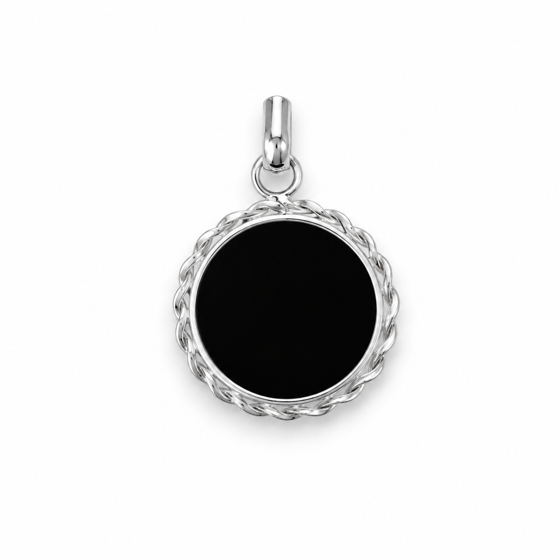 Black Onyx Round Pendant – Sterling Silver 925, 2cm