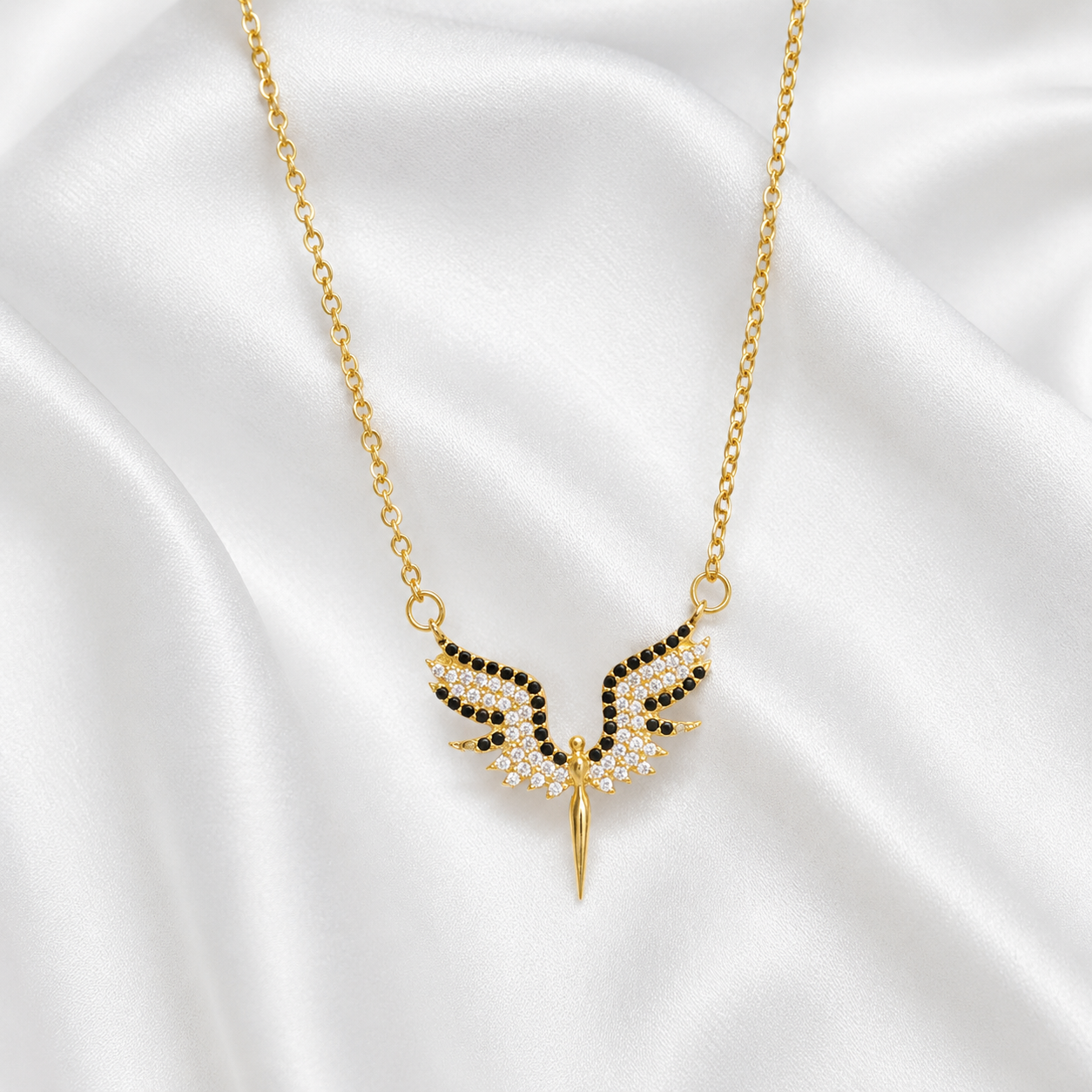 925 Sterling Silver Angel Wings Crystal Necklace – Gold - Width 2cm