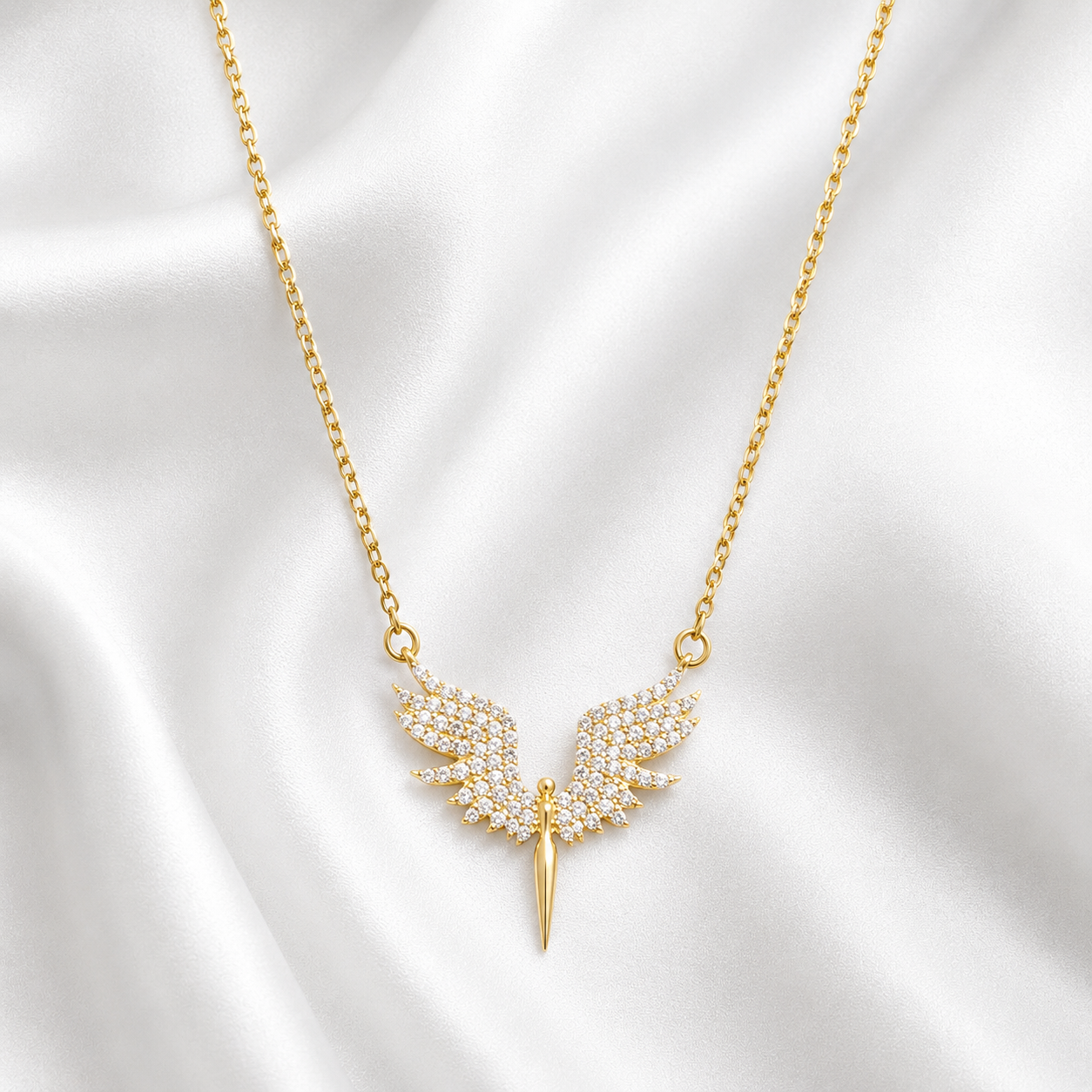 925 Sterling Silver Angel Wings Crystal Necklace – Gold - Width 2cm