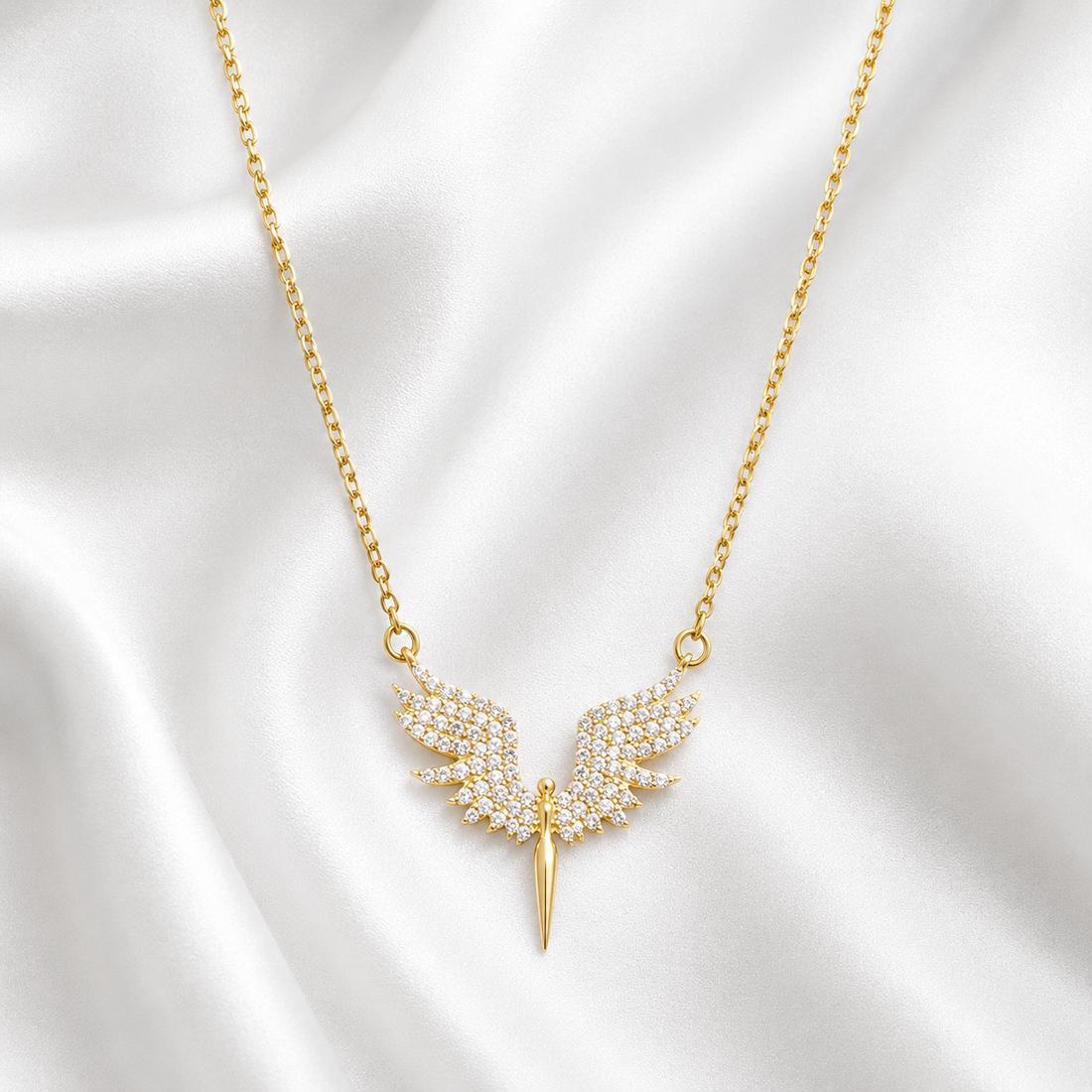 925 Sterling Silver Angel Wings Crystal Necklace – Gold - Width 2cm