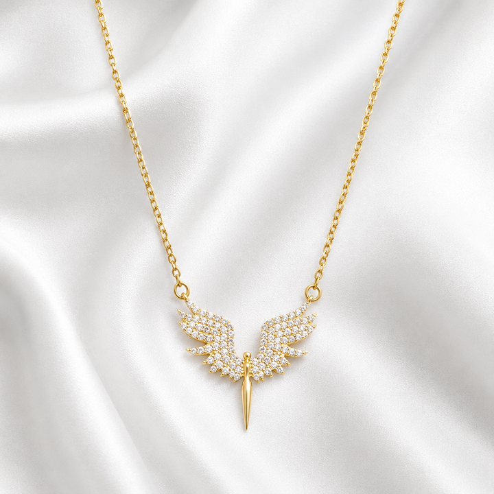925 Sterling Silver Angel Wings Crystal Necklace – Gold - Width 2cm