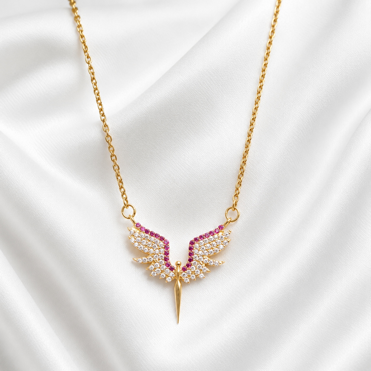 925 Sterling Silver Angel Wings Crystal Necklace – Gold - Width 2cm