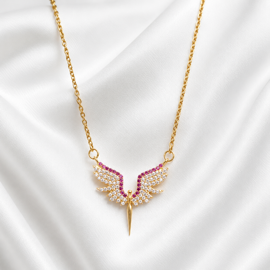 925 Sterling Silver Angel Wings Crystal Necklace – Gold - Width 2cm