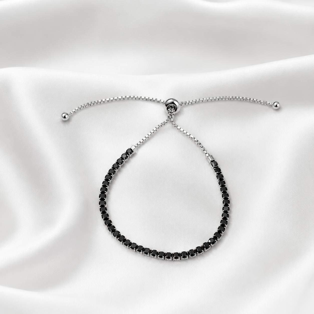 Midnight Sparkle Black Onyx Tennis Bracelet - 925 Sterling Silver Adjustable Slider