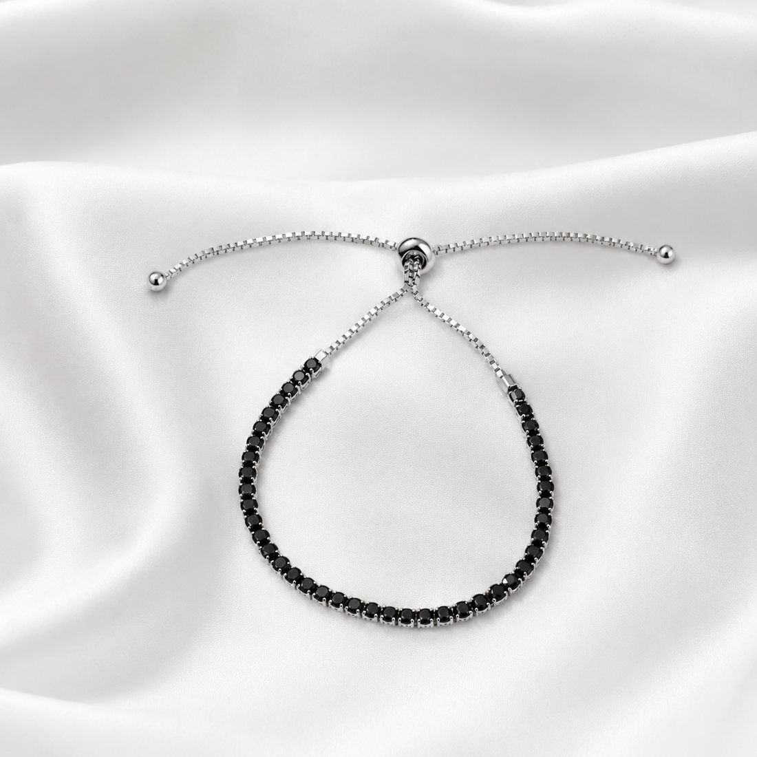 Midnight Sparkle Black Onyx Tennis Bracelet - 925 Sterling Silver Adjustable Slider