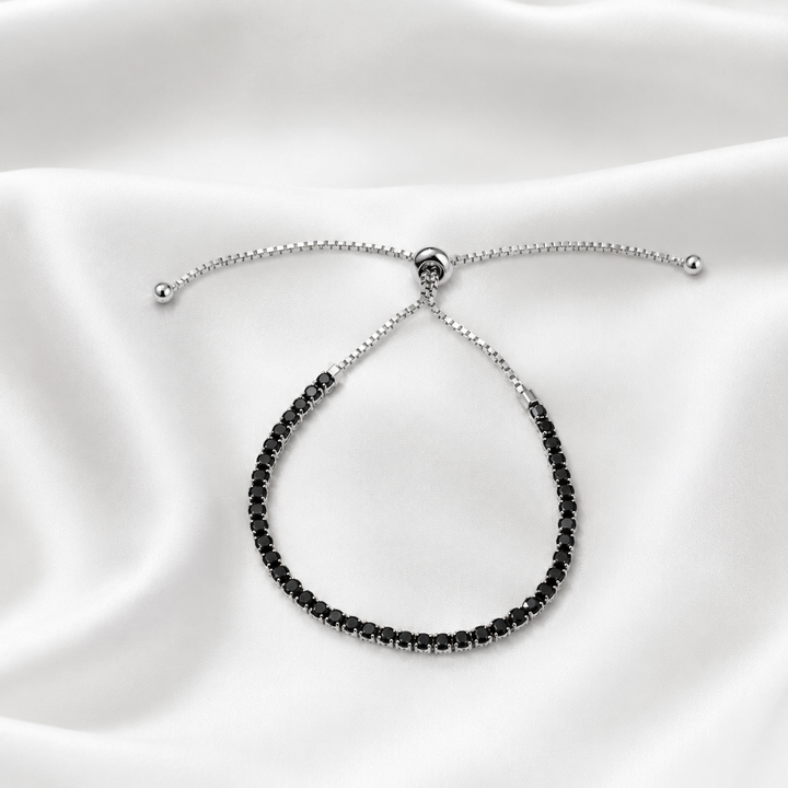 Midnight Sparkle Black Onyx Tennis Bracelet - 925 Sterling Silver Adjustable Slider