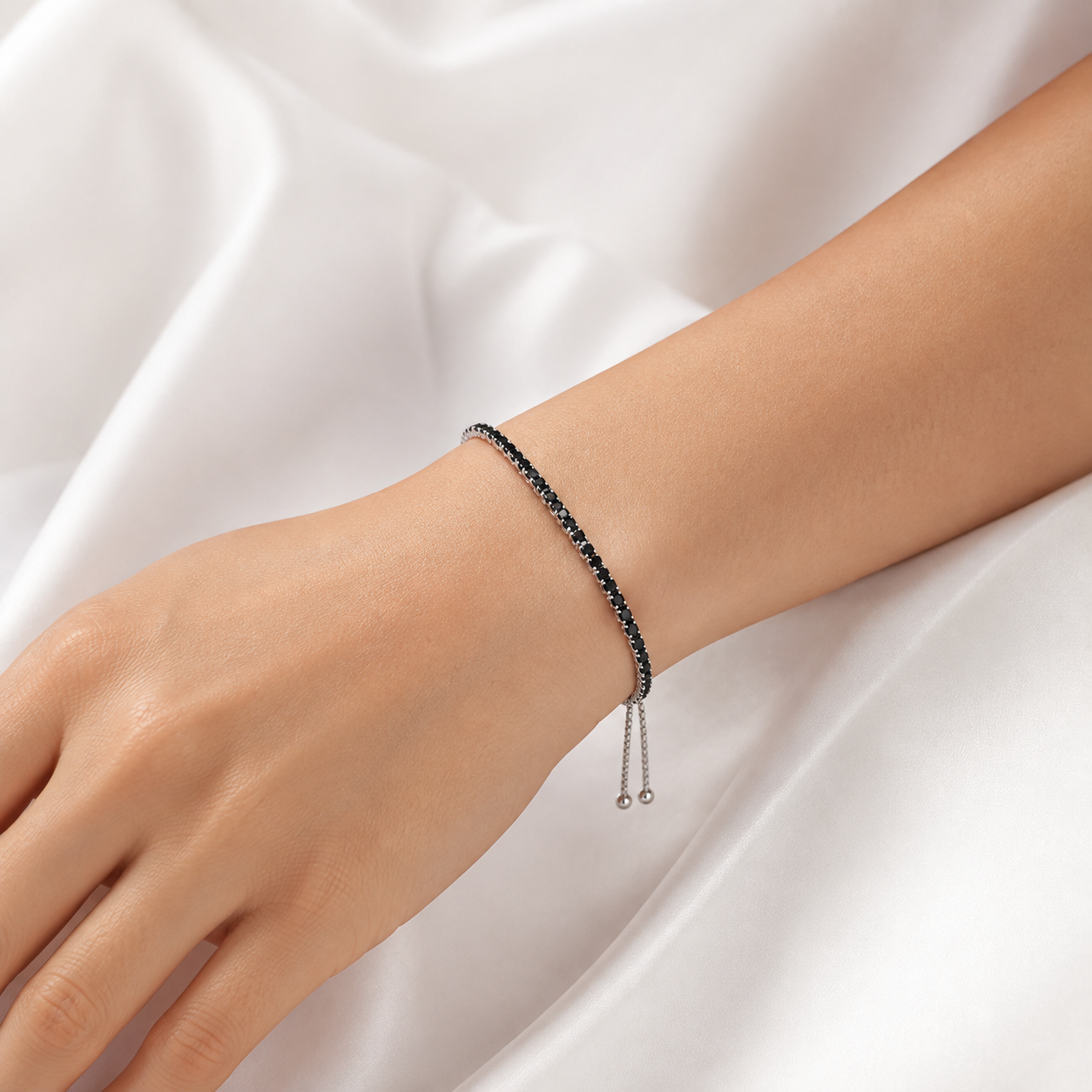 Midnight Sparkle Black Onyx Tennis Bracelet - 925 Sterling Silver Adjustable Slider