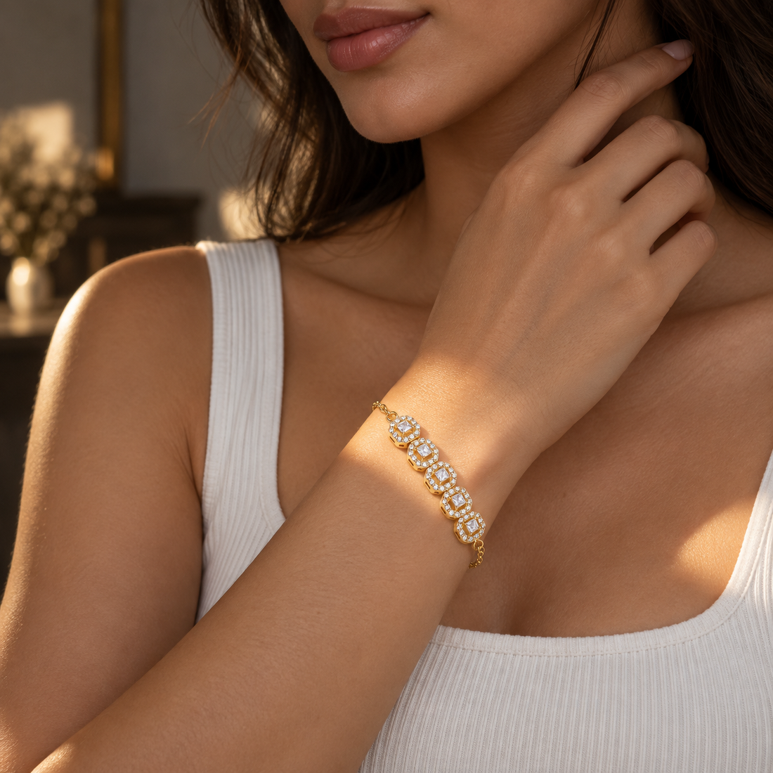 Shimmering Quintet Halo Bracelet – 925 Sterling Silver Radiant Solitaire Sequence