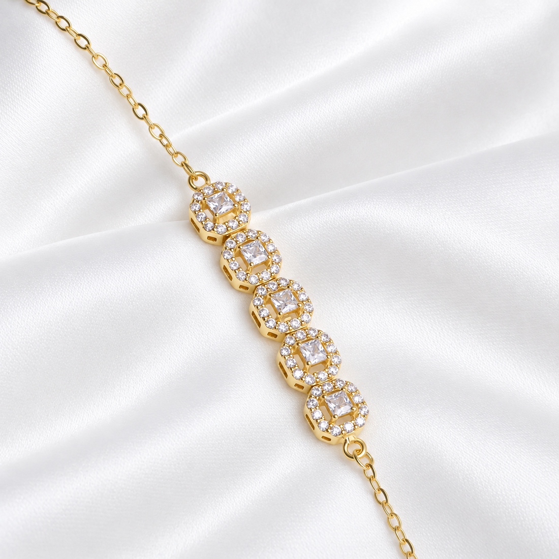Shimmering Quintet Halo Bracelet – 925 Sterling Silver Radiant Solitaire Sequence
