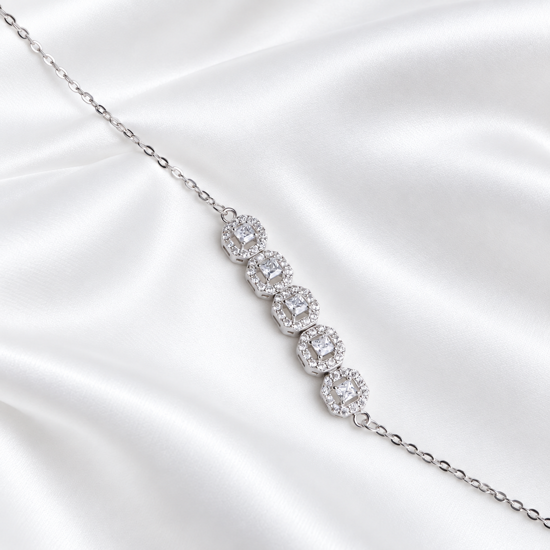 Shimmering Quintet Halo Bracelet – 925 Sterling Silver Radiant Solitaire Sequence
